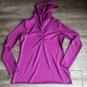 Prana Long Sleeve V- Neck Hooded  Top Shirt Hoodie Purple Striped Sz large
